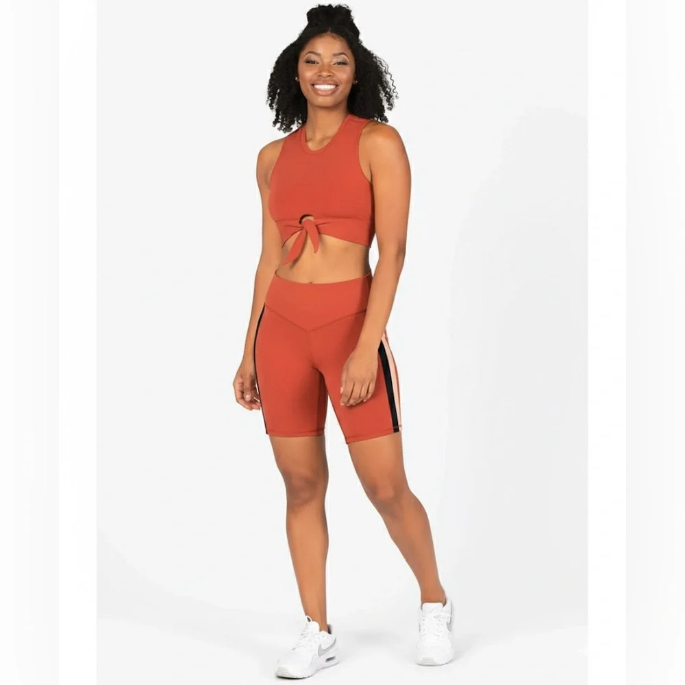 Mariia Burnt Orange Rust Active Crop Top tie front and Biker Shorts adult XS NWT